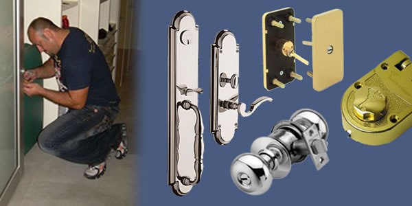 Guy fixing a door lock and different kinds of locks banner